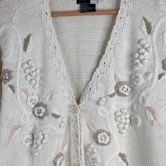 VTG 90s Granny Cardigan L Embroidered Floral Bobble Cottage Granny Chunky Ivory - Picture 2 of 10